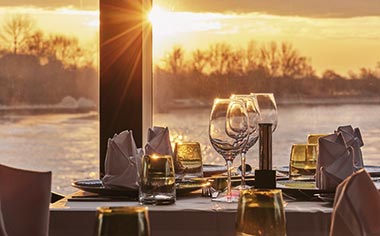 A sunset seen through the window of the Rheinfels Restaurant on Spirit of the Rhine
